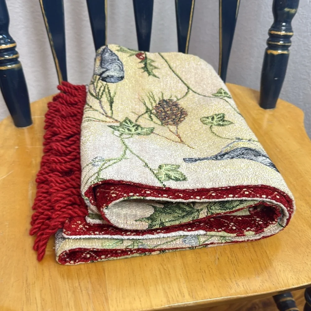 Table Runner Holiday Christmas Cardinal Bird Fringe Cottagecore Farmhouse Decor